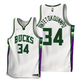 Giannis Antetokounmpo Bucks 2021-22 City Edition White Jersey NBA 75th Authentic