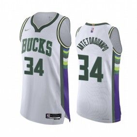 Bucks #34 Giannis Antetokounmpo White Jersey NBA 75th Authentic City Edition 2021-22